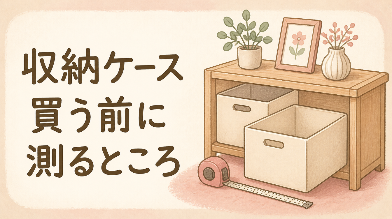 収納ケースと棚、メジャーを描いた淡い色のイラスト
