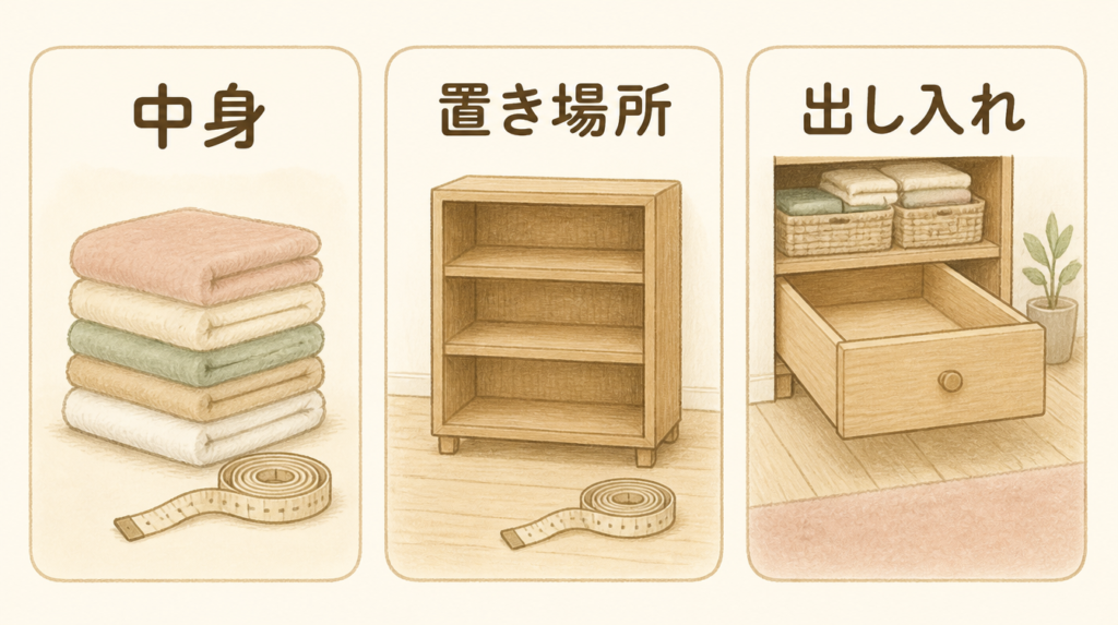 収納ケース選びで確認する中身、置き場所、出し入れを示す3つのイラスト