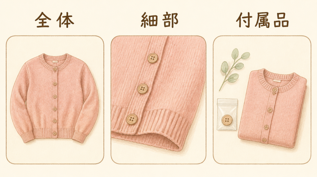 出品写真で確認する全体、細部、付属品を示す3つのイラスト