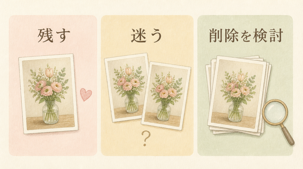 似た写真を残す、迷う、削除を検討の3つに分けて考えるイラスト