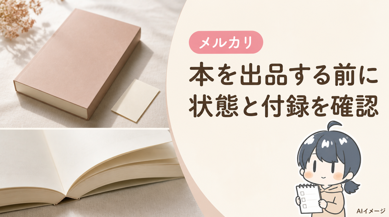 本を出品する前に。状態と付録を確認。写真風の背景とキャラクターを組み合わせたAIイメージ