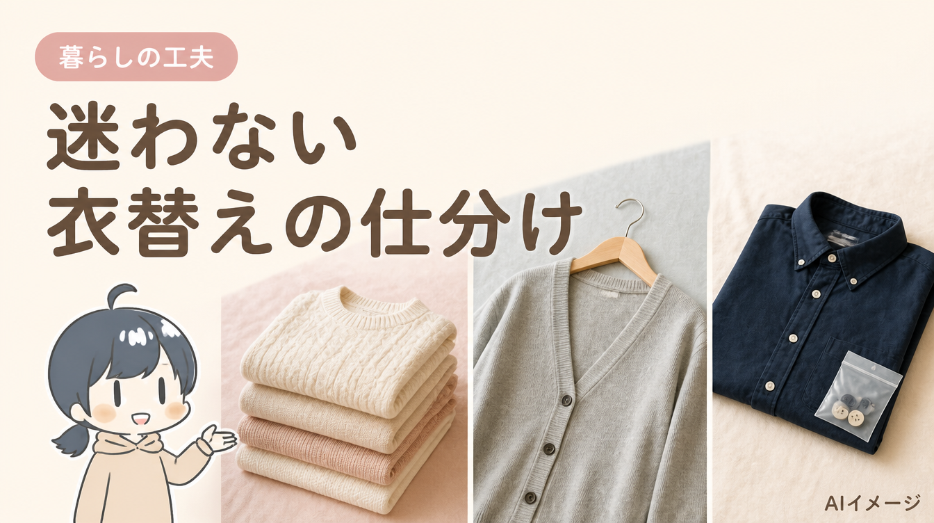迷わない。衣替えの仕分け。写真風の背景とキャラクターを組み合わせたAIイメージ