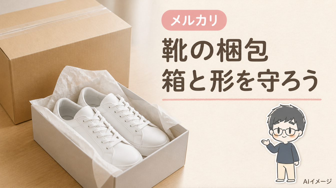 靴の梱包。箱と形を守ろう。写真風の背景とキャラクターを組み合わせたAIイメージ