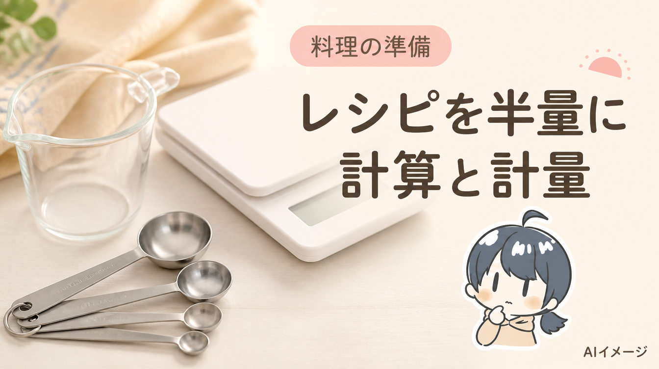 レシピを半量に。計算と計量。写真風の背景とキャラクターを組み合わせたAIイメージ
