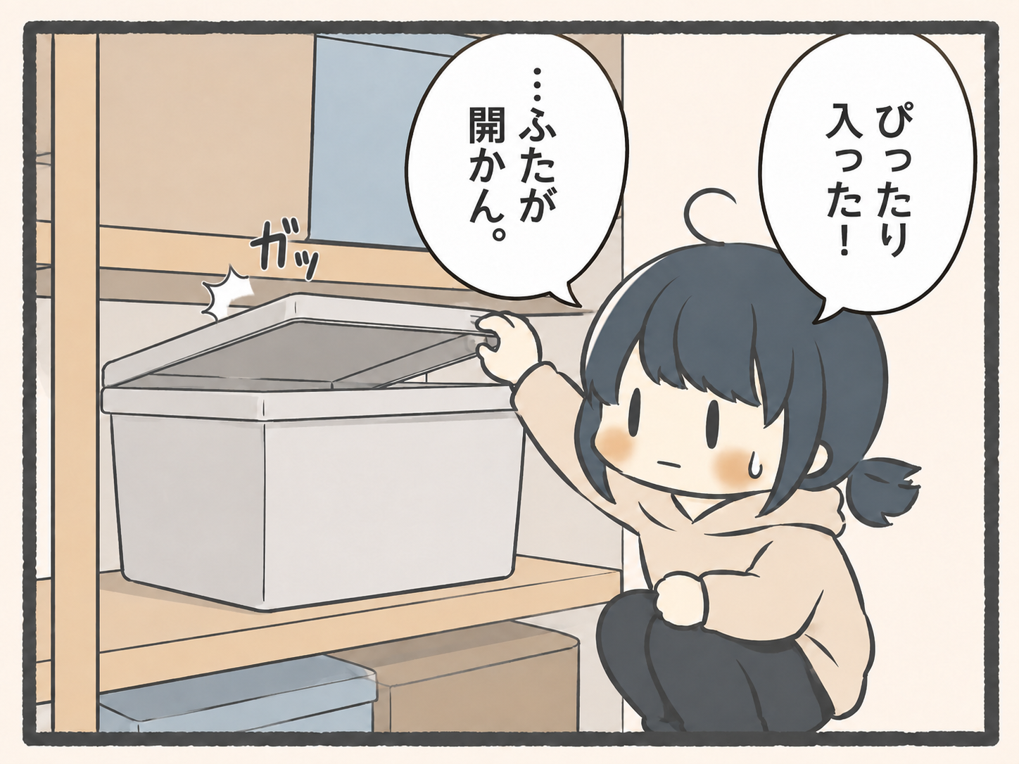 収納の1コマ漫画。棚にケースが収まり「ぴったり入った！」と喜ぶかもめ。でも、ふたが上の棚にガッと当たり「…ふたが開かん。」となる場面。