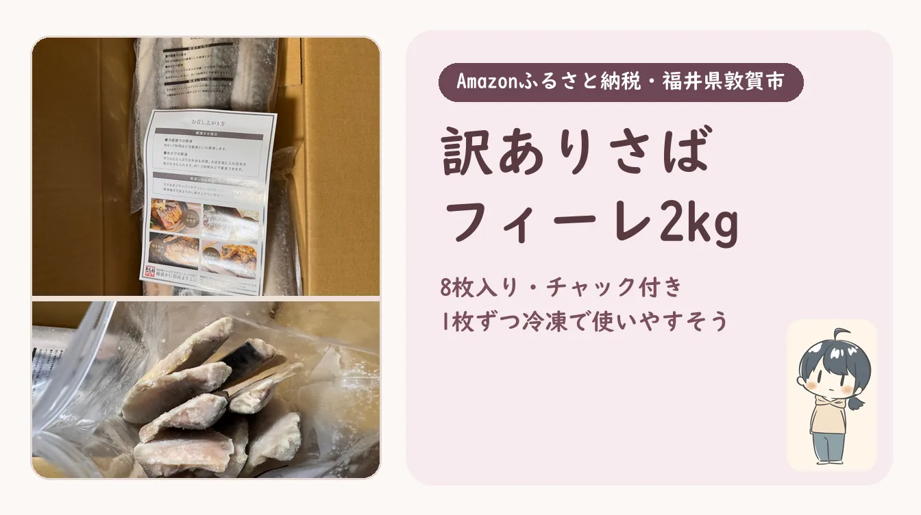 段ボール箱に入ったさばのフィーレの袋と、1枚ずつ凍ったさばの写真に、「訳ありさば フィーレ2kg」の見出しと、かもめのイラスト